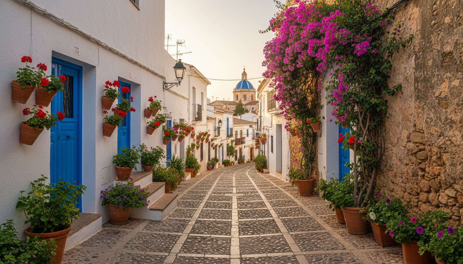 Calle empedrada del casco antiguo de Altea con buganvilla