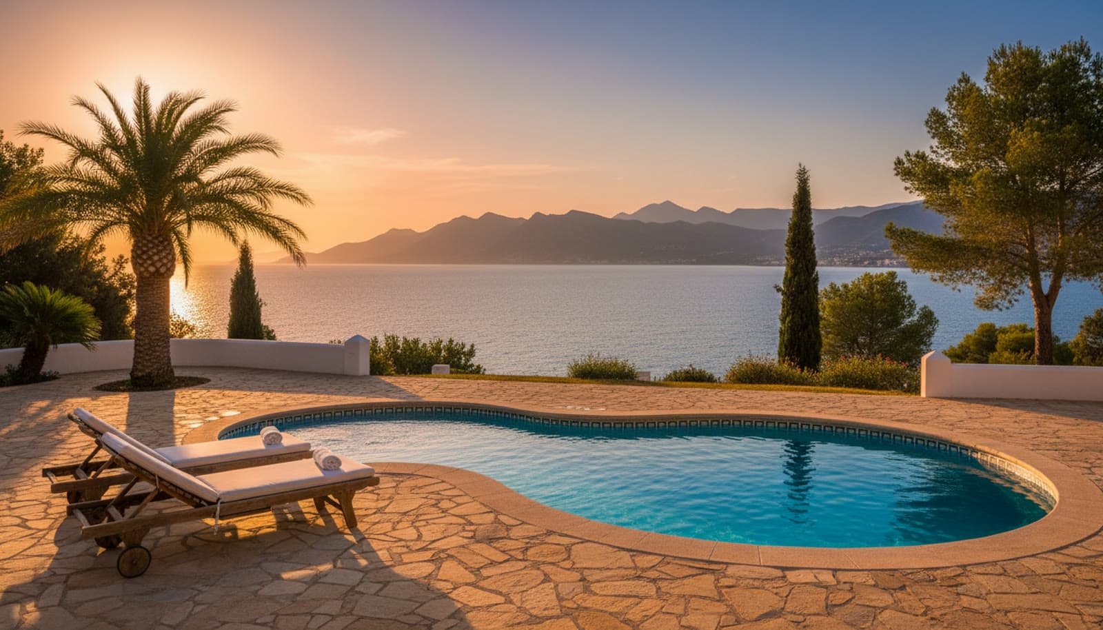 Piscina de una villa vacacional en Altea al atardecer